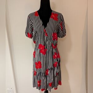 Madewell Black White Red Striped Floral Print Faux Wrap Ruffle Dress Size 0